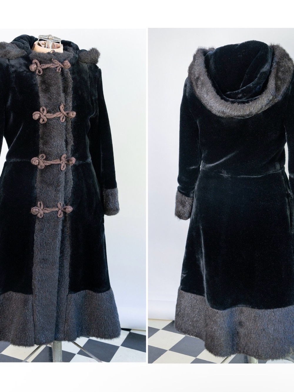 70s Vintage Faux Fur Black Princess Hooded Long Winter Womens Glam Sz S